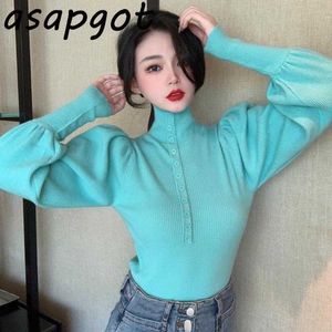 Lady Pullovers Puff Sleeve Turtleneck Tröja Höst Koreanska Chic Slim Fashion Knitwear Top TröjorJumpers Solid Temperament 210610