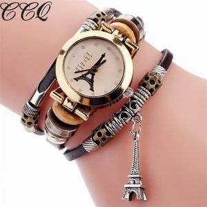 Orologi da polso CCQ Fashion Vintage Bracciale in pelle di mucca Orologi Torre Eiffel Orologi casual da donna con ciondolo in cristallo Orologio al quarzo Relogio Feminino