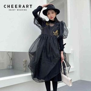 2 Piece Mesh Black Long Dress Women Puff Sleeve Tunic A Line Hollow Out Ladies Midi Designer 210427