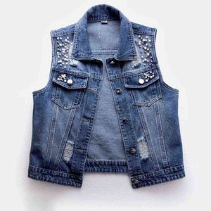 Kvinnors väst 2023SS NY HOT SOLLING SELLING Extra Size Sleeveless Women's Top Summer Denim Vest Fashion Casual Trend Short Jeans Jacket Beaded Slim Coat