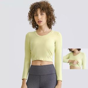 Yoga Outfit ZenYoga Sexy V-Neck Naked Feel Workout Top Shirts Women Padded Fitness Sport Cropped Tops Long Sleeve With Built In Bra