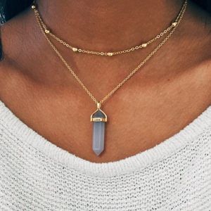 Natural Stones Beads Necklace Women Crystals Quartz Chakra Bullet Hexagonal Prism Point Healing Pendant Necklaces Fashion Double Layer Gold Link Chains Jewelry