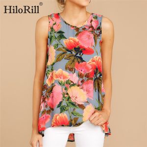 Women Tops and Blouses Floral Print Summer Sleeveless Casual O-Neck Loose Tee Shirt Boho Beach Tunic Blusas 210508