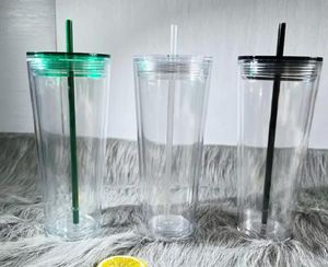 24oz Rensa plast tumblers DIY Flat lock akrylvattenflaskor med halm dubbelväggigt bärbart kontor kaffe rånar återanvändbara 710 ml transparenta fasta ps dricka koppar