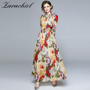 Autumn Romantic Floral Holiday Maxi Robe Women Sleeve Flower Print Sashes Pleated Chiffon Long Dress + Scarf 210416
