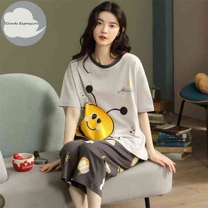 Summer Knitted Cotton Cartoon Pajamas Set Pyjamas Sleepwear Nightwear Pijama Mujer Plus Size Calf-Length Pants Homewear 210809