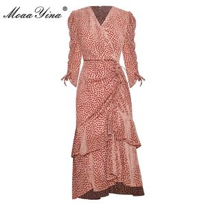 Fashion Designer dress Spring Autumn Women's Velvet Dress V Neck Dot Ruched Cascading Ruffle Asymmetrical Dresses 210524