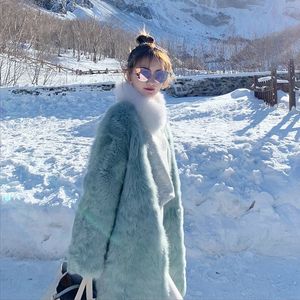 Green Imitation Mink Velvet Fur Coat Women Winter Long Loose Over-the-knee Warm Outerwear Plush Coats Thick Jackets 210510