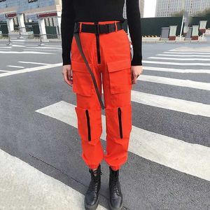 Harajuku hip hop bf multi-bolso cargo calças de cintura alta fita harem streetwear punk calças casuais corredor feminino 210531