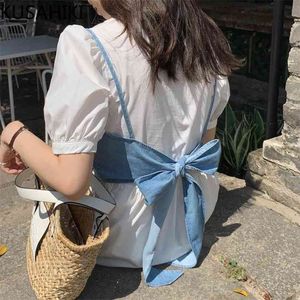 Women 2piece Sets Bow Tie Sling Demin Vest + Puff Sleeve Turn-down Collar Blouse Dress Korean Summer Suits 6J655 210603