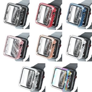 Two-row Diamond PC Glass Case for Apple Watch 6 Series SE/5/4/3/2 Cover Full Protective Bumper iWatch 44/40mm 42/38mm 41/45mm