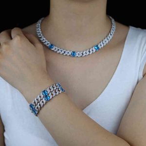 En kaliteli Hip Hop Sarkık Takı ile Geniş Küba Zincir Mavi CZ Braceletneckalce Lady Kadınlar Için Düğün Parti Chic Kolye X0509