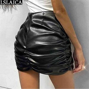 Sala de couro pu preto moda ocasional cintura alta plissada partido escritório streetwear clube acima do joelho slim bodycon mulheres 210515