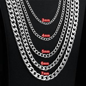 3mm/5mm/6mm/7mm Stainless Steel Flat Curb Cuban Chain Link for Men Women Necklace 45cm-75cm Length with Velvet Bag