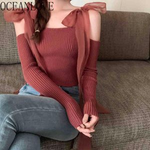 Bandage Bow Woman Sweaters Solid Slim Sexig Vår Höst Pull Femme Off Shoulder Retro Pullover Koreanska Toppar 19643 210415