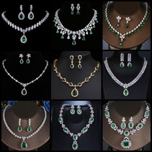 Smaragd-braut-sets großhandel-Ohrringe Halskette AMC Luxus Zirkonic Smaragd Grüne Hochzeit Ohrring Set Schmuck Für Frauen Bridal Geschenk Frau