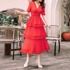 Chiffon Patchwork Lace Trim Women Sexy V-Neck Layers Ruffles Party Long Vintage A-line Short Sleeve Pleated Dress 210416