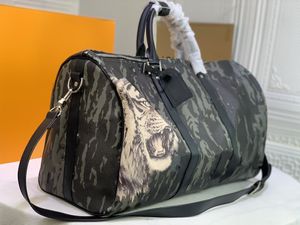 Marca Mens Keepall 50 Designer Old Flower Tiger Sport Tote Bags Bandouliere Tessuto Mesh Womens Han Man Bagagli Duffel Travel Beach Bag 2021