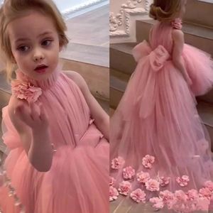 Śliczne Różowe Wysokie Kwiat Dziewczyny Sukienki Krótkie Front Zdejmowane Spódnice Dzieci Wysokiej Neck Wedding Party Suknie Prom Pagewant Dress 3D Floral Aplikacje Brathday Communion