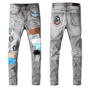 Pantolon Erkek Karikatür Patchwork İnce Denim Düz Bisikletçinin Skinny Jeans Erkekler Ripped Tomruklar