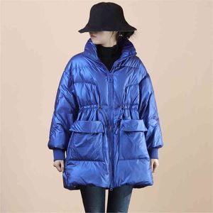 秋冬女性のジャケット長いカジュアルな緩い厚い暖かい出雲ホワイトアヒルダウンスリムファッションビッグポケットパーカー210430
