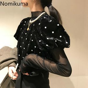 Nomikuma Kvinnor 2pieces Set Vintage Dot Puff Short Sleeve Velour T Shirts + Turtleneck Perspektiv Mesh Slim Basic Tops 6d434 210427