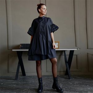 MUICHES Short Butterfly Sleeve Loose Mini Dress Woman Casual Single Breasted Stand Collar Fashionable Dress Summer 210715