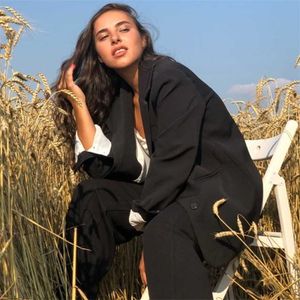 Hzirip Eleganckie Czarne Jedno Breasted Women Blazer Moda Vintage Solid Loose Work Wear Tops Odzieżowa żeńska kurtka 210930