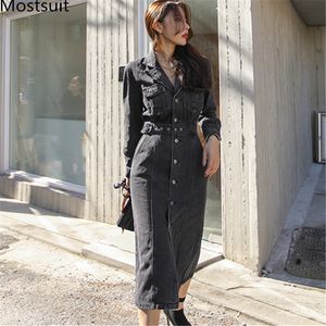 High Quality Korean Fashion Denim Long Dress Women Sleeve Belted Single Breasted Buttons Vintage Straight Spring 210518