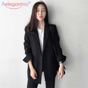 Aelegantmis Elegant Long Sleeve Slim Blazer Jacket Women Casual Black Outwear Spring Autumn Lady Office Suit Plus Size 210607