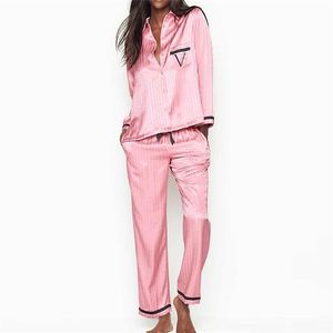 Fashion Pajamas for Women Summer Long Sleeve Sleepwear Loungewear Satin Silk Pjs Sets Home Wear 210831