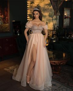 Princess A Line Evening Dresses Beads Crystal Side Split Appliqued Lace Ruched Tulle Prom Dress Off Shoulder Robe de mariée Formal Party Pageant Gowns