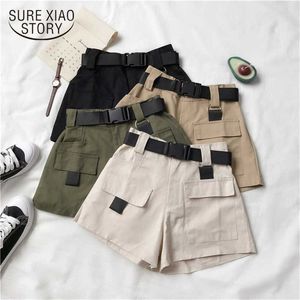 Koreanska mode streetwear bälte shorts kvinnor avslappnad hög midja lösa pocket shorts sommar damer breda ben shorts 14714 210528