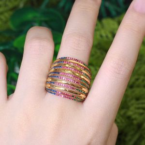 Adjustable Size Micro Pave Red Blue CZ Gold Color Geometric Round Big Wide Engagement Wedding Rings for Women R190 210714