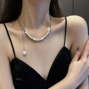 Hänghalsband u-magiskt lyxigt sötvatten pärla pärlor för kvinnor dubbelskikt chunky kedjor metalliska halsbandsmycken