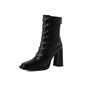 Winter Kurze Stiefel Frauen Designer Quadratische Zehen Block Hoher Absatz Weiches Natürliches Echtes Leder Party Hochzeit Mode Luxus Plattform Dame WARORWAR YN48-B970-2