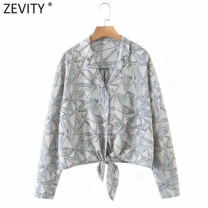 Zevity Kvinnor Vintage Geometrisk Pirnt Hem Knotted Smock Blus Kvinna Kvinnor Kimono Shirts Chic Blusas Tops LS7673 210603