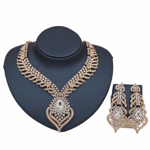 Antike Braut-sets großhandel-Ohrringe Halskette Luxus trendy Braut Blumenschmuck Sets Ohrring Strass Antiquitäten Goldfarbe Hochzeitsset für Frauen