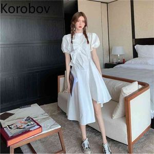 Korobov New Arrival Sweet Women Dress Vintage Elegant Korean Female Dresses High Waist Irregular A-Line Vestidos 210430