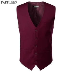 Weinrotes Kleid Anzug Westen Männer Marke Fünf Knopf Slim Fit Herren Smoking Weste Formelle Geschäftshochzeit Qualität Chaleco 210522