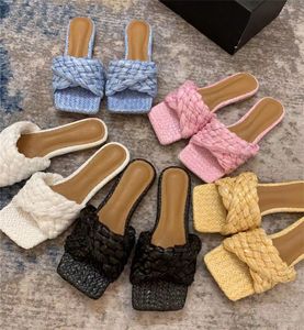 Botteg Venetas Womens Flat Square-Toe Slippers Summer Seaside Leather Vacation + Hemp Rope Woven Shoes