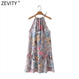 Kobiety Vintage Totem Neckew Nuts Flower Print Halter Mini Dress Kobieta Chic Czechy Vestidos Casual Odzież DS8322 210416