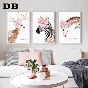 Pinturas Flor Animal Poster Cervos Zebra Girafa Canvas Pintura Nórdica Posters e Impressões Sala De Visitas Arte Da Parede Imagens Home Decor Frame