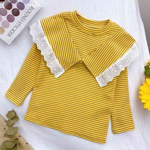 Gooporson Autunno Bambine Vestiti Pizzo Ruffles Colletto Strisce Camicia a maniche lunghe Moda coreana Bambini Top Pretty Costume 210508