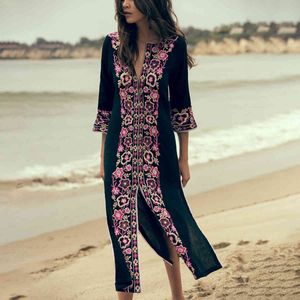 Jastie Floral Embroidered Midi Dress Classic Tunic Kaftan Women Dresses Sexy Side Slits Summer Beach Dress Bohemian Dresses 210419