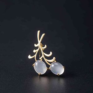 s925 Sterling silver simple design willow chalcedony brooch female fashion temperament dress suit sweater pin