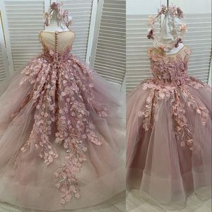 2022 bonito rosa flor meninas vestidos jóia pescoço mangas apliques de renda com flores feitas à mão aniversário comunhão crianças menina pageant vestidos varredura trem