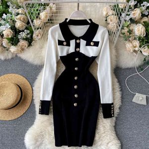 Design Trykot Sweter Sukienka Kobiety Retro Z Długim Rękawem Przycisk Szczupła Ołówek Sukienka Jesień Zima Koreański Ciepłe Bodycon Dresses 210419