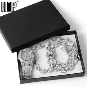 Montre + Chaîne + Bracelet HIP HOP Glacé Alliage Grain De Café Porc Nez Strass Chaîne Bling Colliers pour Hommes Bijoux