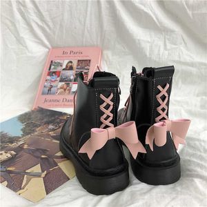 Kvinnors Harajuku Mode Vår Höst E-Girl Skor Ankel Lace Up Boots Bow Casual Flats Plattformar Kawaii Lolita Black Pink Shoe Y1018